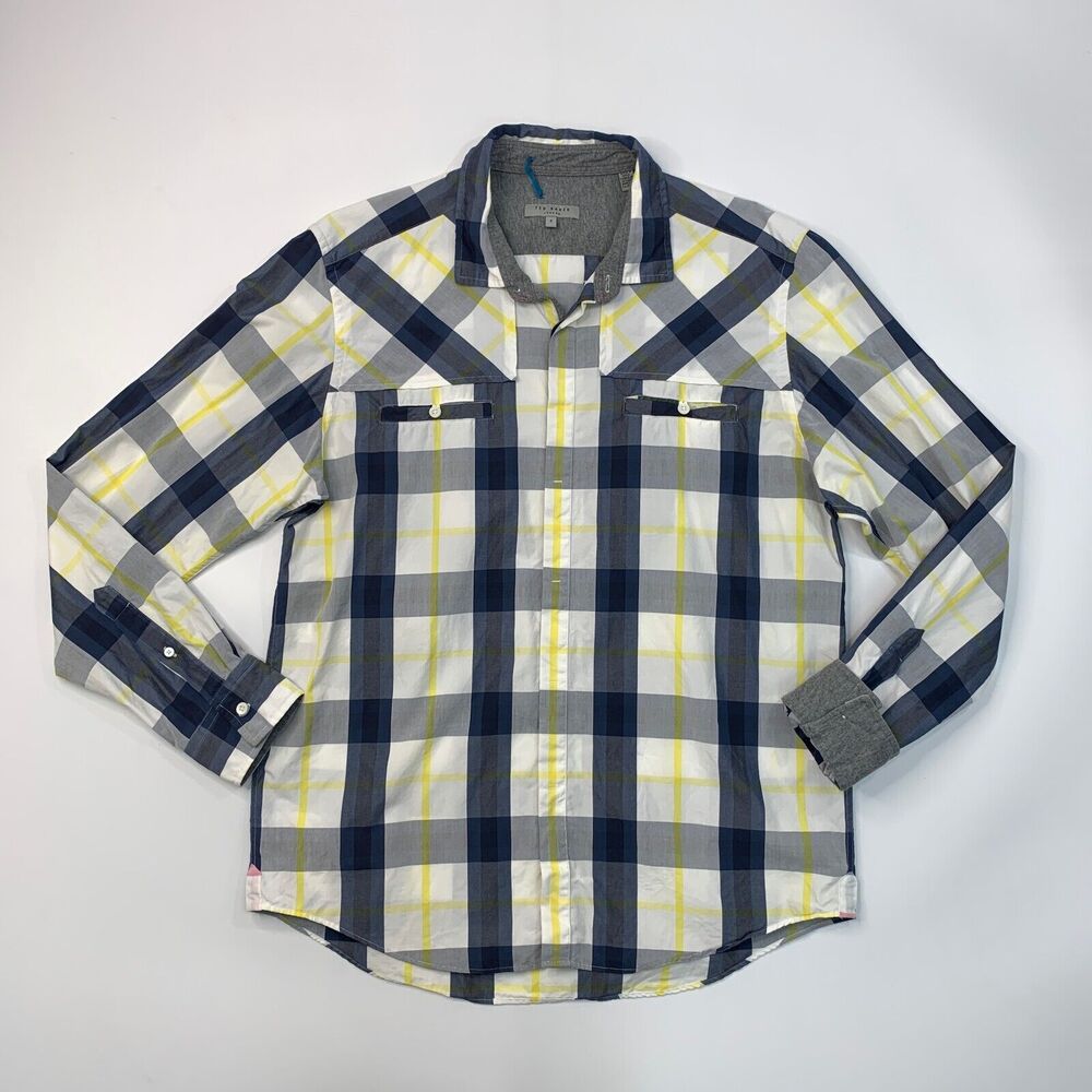 Ted Baker Shirt Mens 5 Plaid Button Up Long Sleeve Cotton Pockets Flip Cuff - Picture 2 of 12